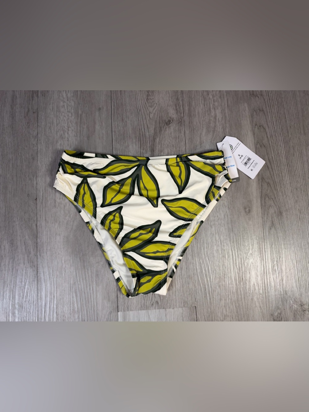 Time and tru women’s white green palm leaf high rise bikini bottoms small NWT
